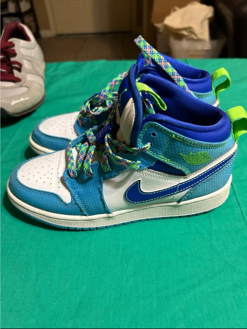 Jordan Kids Blue, White and Neon Green High-Top Sneakers